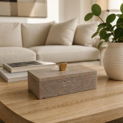 Decorative Box with Lid for Home Decor – Sophisticated Storage Box and Home Organizer for Accessories – Perfect Keepsake and Jewelry Box for Living Room, Bedroom, or Office Accent – 4" Tan & Gold
