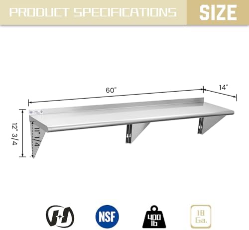 Hally Stainless Steel Wall Mount Shelf 14 x 60 in, NSF Commercial Shelving | 400LB, Metal Wall Shelves, Kitchen Racks & Shelves, Floating Shelving, Heavy Duty, for Restaurant, Kitchen, Home & Hotel