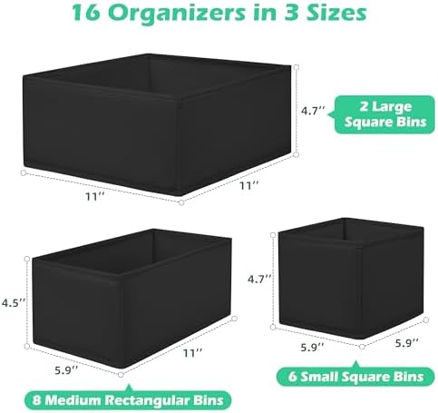 Drawer Clothing Organizer 16-Pack, Black Underwear Dividers