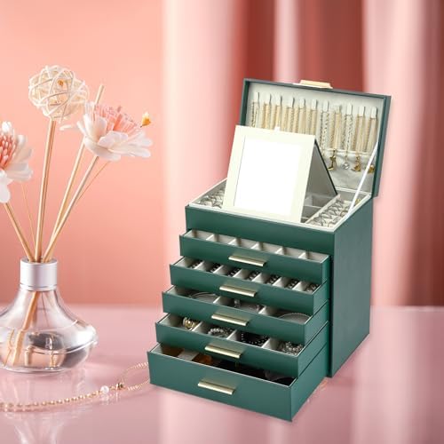 BOOVO Jewelry Boxes for Women, White and Black 6 Layer Large Jewelry Box for Necklace, Bracelet, Earrings, Rings Storage, Jewelry holder Organizer for Girls Gift (Retro Green, 6 Layer)