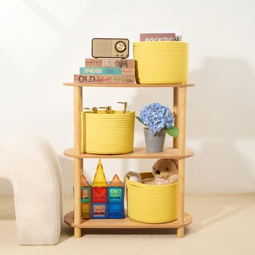 MiniArk Small Basket for Organizing | Cube Shelf Closet Storage Baskets | 9.7×9.7×7.1” | Woven Rope Gift Basket | Nursery | Round 3 Packs Yellow