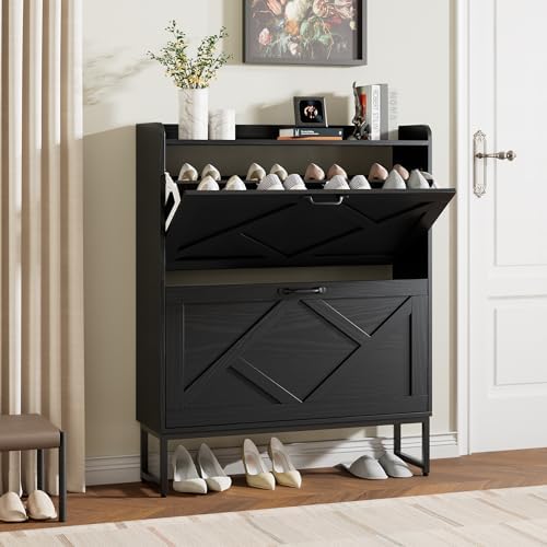 Nicetree Shoe Storage Cabinet with 2 Flip Drawers, Entryway Cabinet, Black