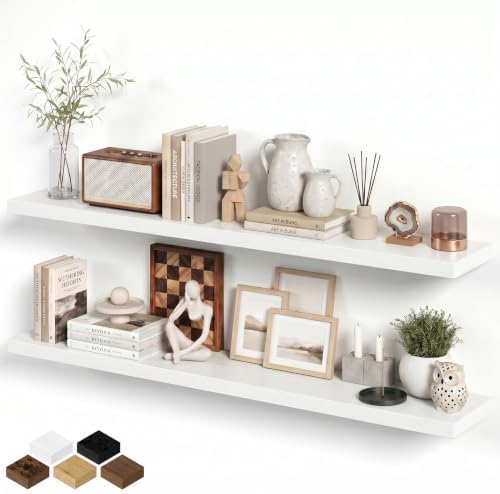 Floating Shelves for Wall, 66 Inch Floating Shelves Set of 2, Wall Mounted Rustic Wood Shelf for Bathroom, Living Room, Bedroom and Kitchen, Hanging Shelf for Storage, Books, Home Decor, White