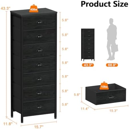 Furnulem Black Bedroom Dresser, Tall Chests of Drawers with 7 Fabric Bins