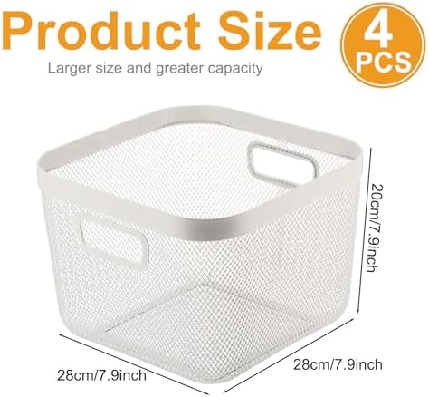 MorningRo 4 Pack Metal Mesh Basket with Hollow Handles White Wire Storage Bin for Organizing Stackable Metal Fine Mesh Basket for Pantry Bathroom Kitchen Cabinets Shelves (Large)