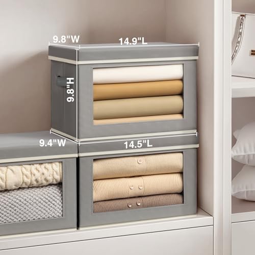Homsorout Stackable Storage Bins with Lids - Medium Storage Box with Lids, Foldable Closet Boxes for Organizing, Wardrobe Clothes Organizer with Window, Cubes Bins for Living Room, 5 Pack, Grey