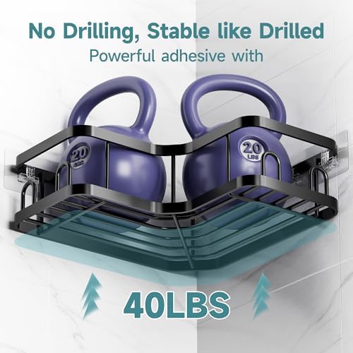 Veken Large Capacity Corner Shower Caddy 5-Pack, Advanced Rustproof Design | No Drilling Adhesive Shelves, Rack with Soap Holder & Hooks, Thickened Metal Frame, Bathroom Organizers and Storage, Black