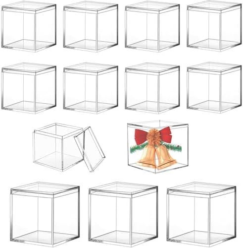 KissYou Acrylic Candy Box Clear Boxes with Lids 12 Packs Acrylic Display Square Cube Wedding Birthday Graduation Party Candy Box Decoration Boxes
