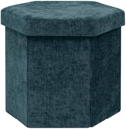 PINPLUS Chenille Hexagon Storage Ottoman, Foldable Upholstered Footstool with Lid, Soft Durable Seat Stool, 220LBS Capacity for Living Room Bedroom Entryway Blue