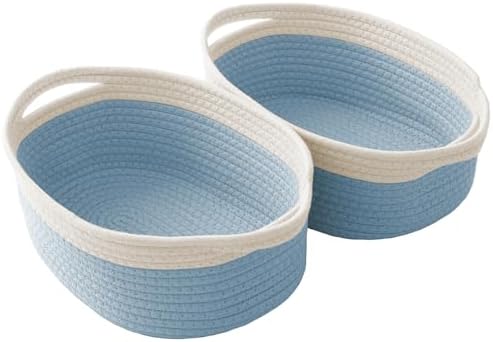 JMvicyroam Small Woven Basket, Empty Gift Basket, White&Blue/2 Pack