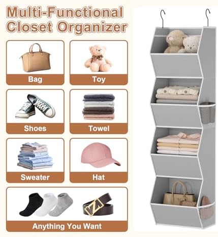Wawocs 4 Shelf Hanging Closet Organizers and Storage for Kids 2 Packs, Grey | Hanging Shelves for Closet Organization, Hanging Closet Storage for Wardrobe Organizer, Closet Hanging Organizer for Bedroom