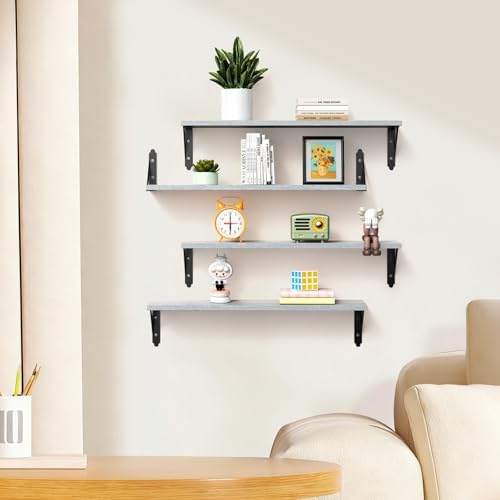 ROMGUAR CRAFT Wood Floating Shelves Set of 4, Rustic Storage Decor Wall Shelves, Wall Mounted Shelf for Living Room, Bedroom 23.6" x 6", Light Grey