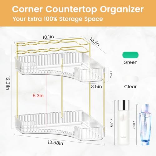 Makeup Organizer 2-Tier Bathroom Counter Organizer with Makeup Brush Holder | Corner Bathroom Organizer Countertop, Acrylic Counter Storage for Bathroom Dresser, Skincare Perfume Organizer-Clear