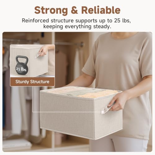 StorageWorks Shelf Organizer Bins, Beige Stripes, 3-Pack, Large | Foldable Shelf Organizer Bins, Closet Storage Baskets for Clothes, Fabric Storage Bins for Shelves
