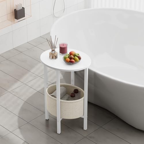 Vagusicc Round Side Table End Table with Storage Basket, Small Side Table Round Nightstand for Small Spaces, Tall Oval End Table with Steel Frame, Coffee Bedside Table for Living Room Bedroom, White