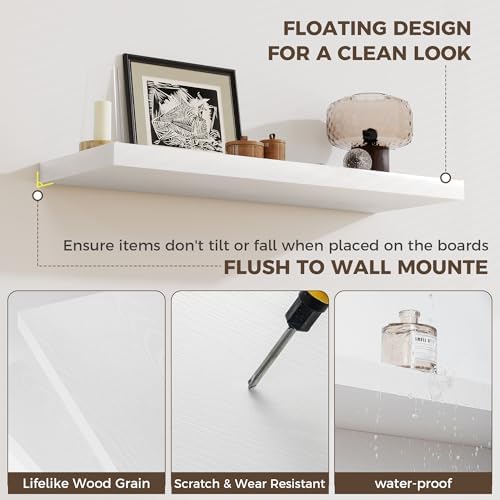 Fun Memories 12 Inch Deep Floating Shelves, 16 x 12 Wooden Wall Shelves, Extra Deeper & Thicker Rustic Wall Mounted Storage Shelf for Fireplace, Living Room, Kitchen, Farmhouse, White - 3Pack