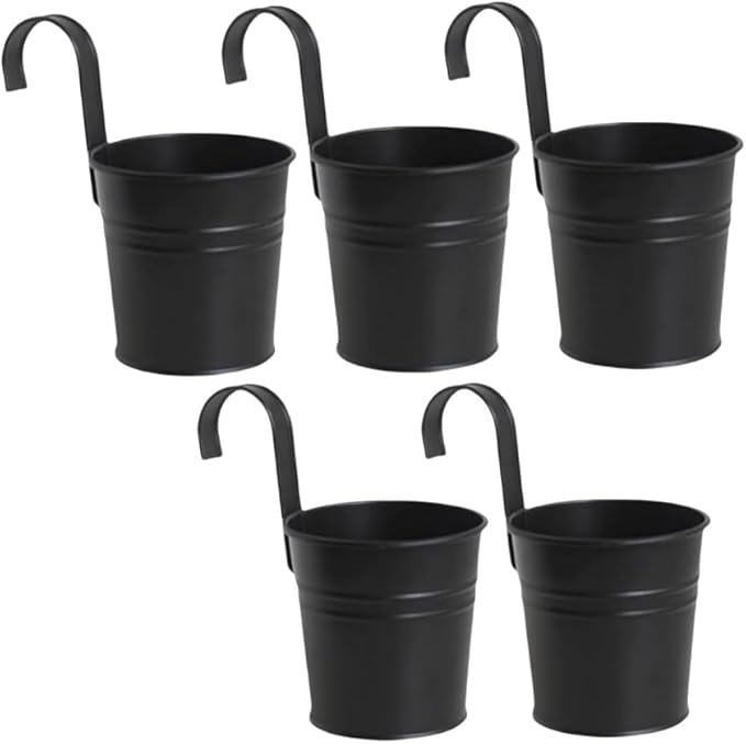 XZJMY 5 Pcs Hanging Flower Pots Metal Iron Bucket Planter Pot Metal Bucket Flower Holder with Hook Indoor Outdoor Decor for Railing Fence Balcony Garden (Black)