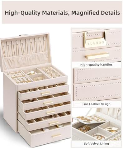 VLANDO Large Jewelry Box, 6 Layer Storage Organizer, Removable Dividers
