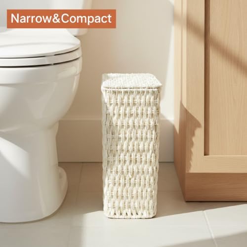 Coeusy 3 Gallon Paper Rope Bathroom Trash Can,Small Wicker Trash Cans with Lid and Liner,Woven Rattan Narrow Waste Basket for Bedroom,Office,White