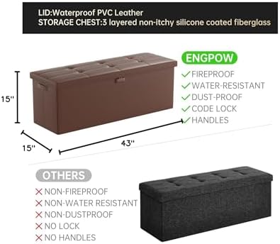 ENGPOW Storage Ottoman, Fireproof Folding Bench with Lock(15”x 43”x15”), Water-Resistant ＆ Heat Insulation Large Storage Chest with Handles＆2 Extra Spaces Safe for Living Room, Bedroom, Home, Brown