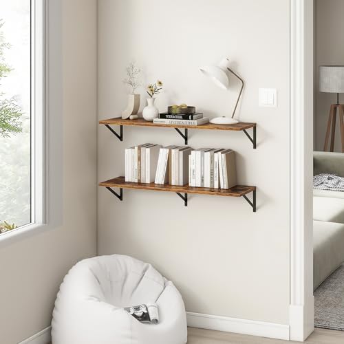 Fun Memories 40 Inch Floating Shelves, 12 Inch Deep Wall Shelf, 40 x 12 Floating Shelf Set of 2, Wood Floating Shelf Wall Mounted, Large Kitchen Living Room Bedroom Storage Shelves, Rustic Brown