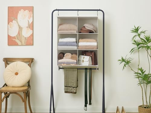 StorageWorks Hanging Closet Organizer with Rod, 6 Sections, 3 Tiers, White | Maximize Closet Space with 6 Open Sections and Built-in Rod for Hanging Clothes Below