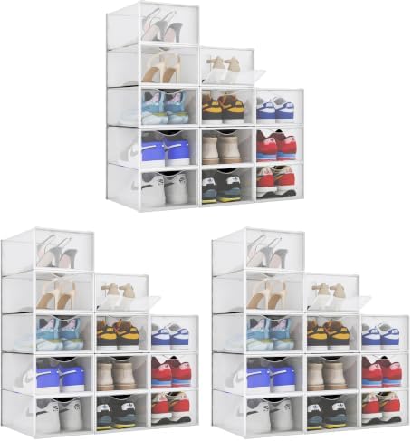 BINO 36-Pack Plastic Stackable Shoe Box Set - Clear | Foldable Shoe Storage Container | Sneaker Bins | Shoe Rack Box | Transparent | Portable Stacking Shoe Boxes Front Open