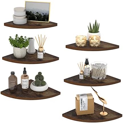 HORLIMER 6 Pack Wall Mount Floating Corner Shelf for Bedroom, Living Room | Rustic Wood Corner Wall Shelves for Bathroom, Kitchen