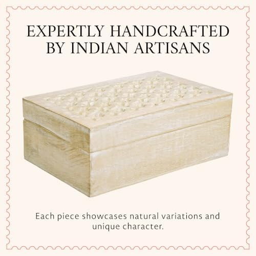 Mela Artisans Trellis Mango Wood Box - Whitewash, 10.5x7.5 in | Handcrafted keepsake box featuring an easy opening lid to create storage for delicate jewelry or home décor accents.