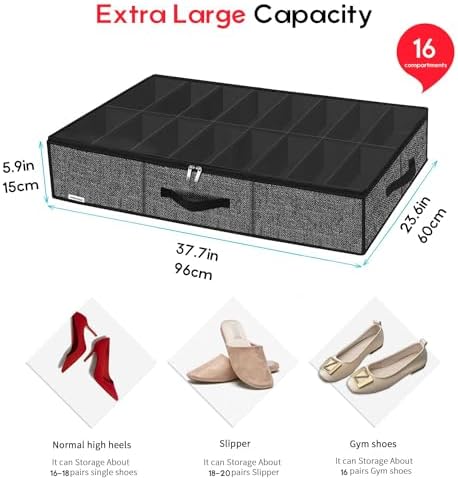 Onlyeasy Sturdy Under Bed Shoe Storage Organizer Fit 8 to 16 Pairs, Collapsible Closet Underbed Shoes Container Bags with Reinforced Handles, 37.7x23.6x5.9in, Linen-like Black, MXAUBS16P1