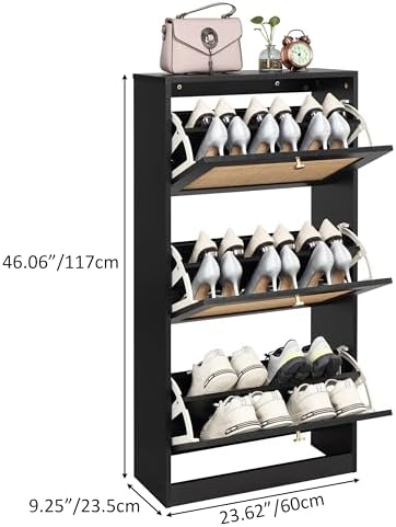 Finnhomy 3 Tier Shoe Cabinet with Natural Rattan Flip Drawers for Entryway, Free Standing Slim Shoe Storage Organizer with Large Top Board, Shoe Cabinet with Adjustable Width Drawers, Black