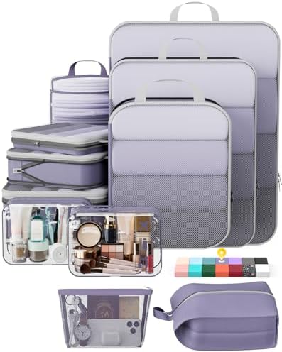 Veken 11 Set Compression Packing Cubes Garment Bags for Travel Essentials,Compressible Expandable Luggage Organizer Bags for Clothing,Space Saver Bags with Over 1000 pcs of Mesh Holes(Purple Gray)