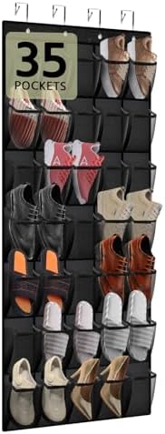 PAULONE 35 Pocket Over the Door Shoe Organizer,Reusable Breathable Large Mesh Bag Men's & Women's Sneaker Organizer,Shoe Organizer for Kids,Hanging Shoe Storage Hanging Bag (Black)