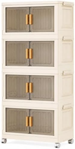 Stackable Plastic Storage Bins with Lids 4 Tier, Collapsible Closet Organizers and Storage with Wheels for Living Room,Office,Dorm 18.9" W x 10.6" D x 37.8" H