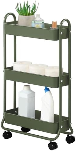 SunnyPoint Slim Rolling Storage Cart, 3 Tier Bathroom Storage Organizer Bathroom, Laundry Utility Cart (Army)