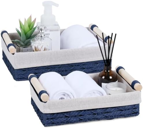 Wicker Storage Basket with Wooden Handle – Paper Rope Decorative Toilet Paper Baskets & Bathroom Organizer for Toilet Tank Top, Shelves, Bedroom, Countertop,Home,Office Storage Bins,2 Pack,Navy Blue