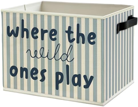 Blue Stripe Boho Classroom Storage Bins Box with Handles, Where the Wild Ones Play Collapsible Basket Organizer for Kids Playroom Nursery Bedroom Bathroom Books Clothes