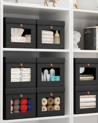 Homsorout Storage Bins with Lid – Closet Organizer with Side Opening and Clear Window, Foldable Stackable Fabric Basket for Clothes, Home, Office - 13.77" x 11.8" x 9.8", 6 Pack, Black