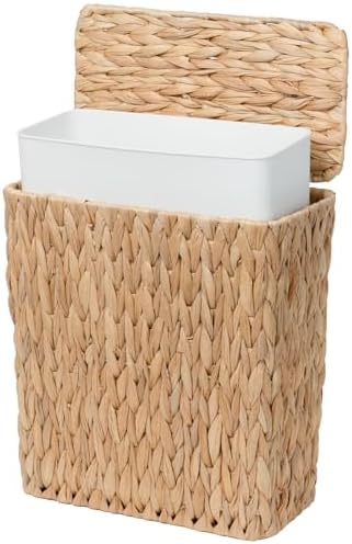 Coeusy 3 Gallon Wicker Trash Can,Small Bathroom Trash Can with Lid,Natural Water Hyacinth Wicker Waste Basket for Bedroom,Toilet,Narrow Garbage Can with Removable Liner