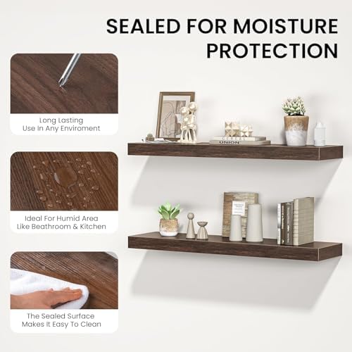 FLYJOE 30" Floating Shelves for Wall, Wooden Wall Mounted Display Shelves with Invisible Brackets Set of 2 for Living Room, Bedroom, Bathroom, Kitchen Decor and Storage, Walnut