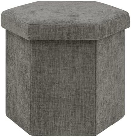 PINPLUS Chenille Hexagon Storage Ottoman, Foldable Upholstered Footstool with Lid, Soft Durable Seat Stool, 220LBS Capacity for Living Room Bedroom Entryway Grey