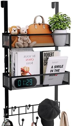 Consumest Over The Door Hooks Organizer - 3 Tier Door Hanger with 9 Coat Hooks & 2 Mesh Basket, Back Storage Organizer Hanging Towels for Bathroom, Bedroom, Black