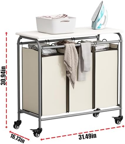 LINZINAR 3-Bag Laundry Hamper with Ironing Board, Beige 135L Laundry Sorter | Laundry Room Organization with Heavy Duty Rolling Lockable Wheels and Removable Bag, Bedroom Laundry Cart for Clothes Storage