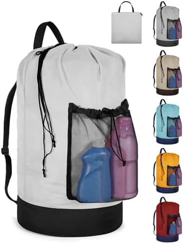 Laundry Bag with Shoulder Straps and Mesh Pocket Laundry Backpack Large Portable Laundry Hamper for College Laundromat Apartment