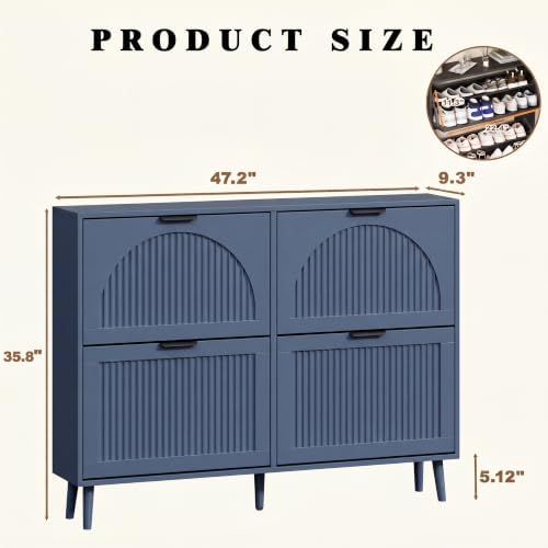 Shoe Storage Cabinet with 4 Flip Drawers, Narrow Wood Shoe Organizer Cabinet with Fluted Panel, Slim Shoe Rack for Entryway, Freestanding Shoe Cabinet for Living Room, Hallway, Blue