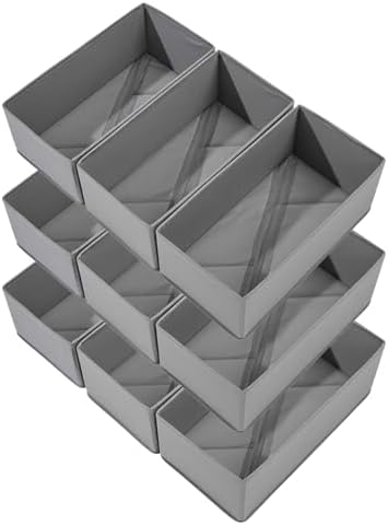 Bructhun Sock Drawer Organizer 9 Pack - Collapsible Fabric Storage Bins for Underwear Divider, Small Closet Organizers with 9 Compartments, Gray