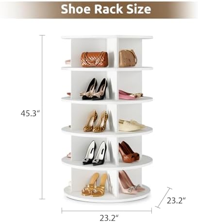 Rotating Shoe Rack 5 Tier Spinning Shoes Organizer Tower for 20-24 Pairs Lazy Susan 360 Revolving Shoe Storage Cabinet Rotate Shoe Handbag Rack Round Carousel for Closet, Bedroom (White)