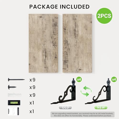 RICHFOCUS Floating Shelves for Wall Decor, 8 Inch Deep Shelves Set of 2, 16W x 8D Floating Shelves Wall Mounted with Metal Brackets, Rustic Wood Shelves for Living Room Bedroom Kitchen, Grey