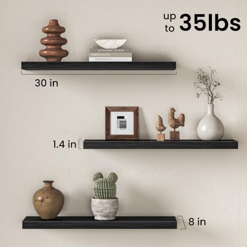 Fun Memories Floating Shelves - 2 Pack 30 Inch Long Rustic Wooden Wall Shelves - 8 Inch Deep Wall Mounted Storage Shelf with Invisible Heavy-Duty Brackets for Books, Bathroom, Kitchen - Black