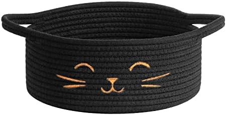 Small Woven Rope Cat Toy Basket with Cat Face Design, Black